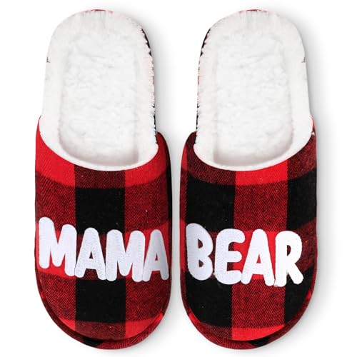 Geyoga Mother's Day Buffalo Plaid Slippers Plush Warm Mama Bear Slipper for Mom Women Bedroom Christmas Gift