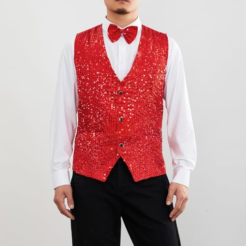 Mens Sequin Vests Dress Suit Vest Casual Shiny Waistcoat Bowtie Set with Pockets for Party Tuxedo Prom Wedding2