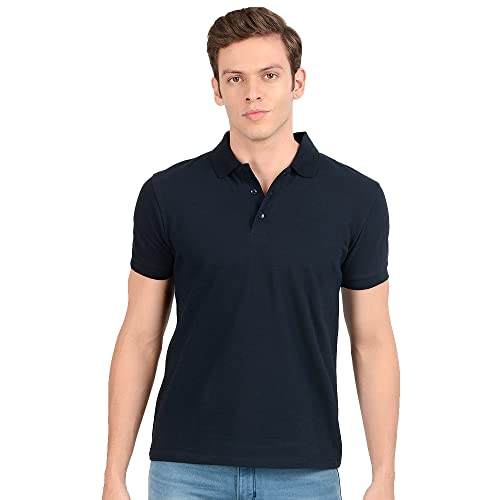 Image of AWG ALL WEATHER GEAR Men's Cotton Regular Fit Solid Polo Neck T-Shirt Navy Blue Melange
