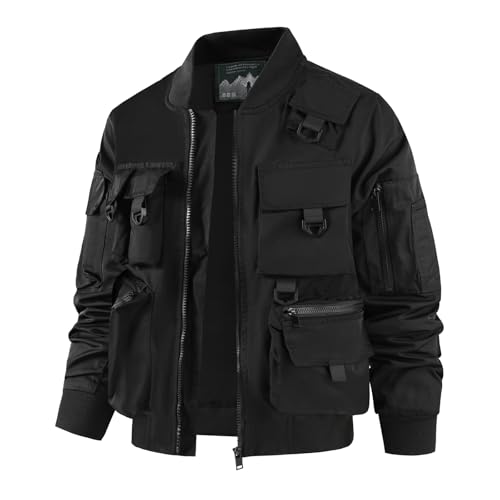 LEDUNTINO Mens Outdoor Tactical Jacket Lightweight Casual Windbreaker Multi Pockets Camping Hiking Jackets Black X-Large
