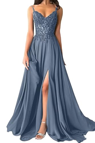 Damen Chiffon Ballkleider Lang V-Ausschnitt Spitzenapplikationen Brautjungfernkleid A-Linie Abendkleider mit Schlitz
