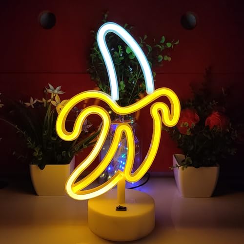 Image of JYWJ Neon Signs with Holder Base,USB or 3-AA Battery Powered Neon Light,LED Desktop Wall Decoration,Various Parties,Decoration of Business Premises(Banana)
