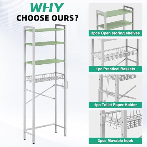 Image of Kalrin Over-The-Toilet Storage Rack, 4-Tier Bathroom Organizer Shelf Over Toilet with Adjustable Shelf and Basket, Freestanding Space Saver Bathroom Shelves Above Toilet for Room (Avocado Green)