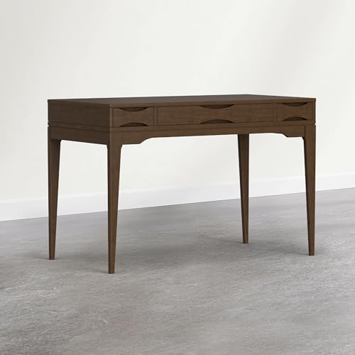 Image of SIMPLIHOME Harper Small Desk - 48 Inch Wide Solid Wood Writing Desk in Dark Brown Chestnut, Mid-Century Modern Home Office Computer Table for Study with 2 Drawers and Flip-Down Keyboard Tray