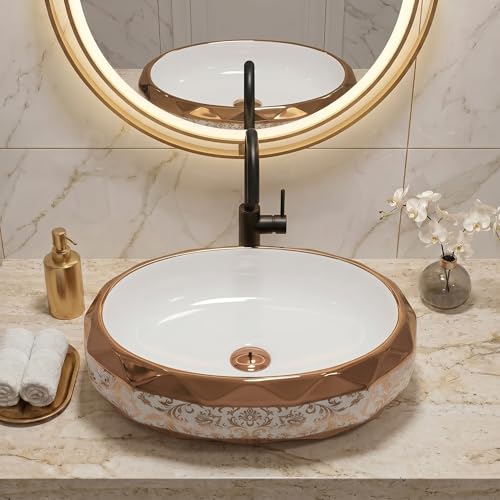 Image of BASSINO 24x16x5 Inches Table Top Washbasin /1 Year Warranty /Ceramic Wash Basin for Bathroom /Oval Counter Top Wash Basin for Dining Hall /Living Room /Designer Vessel Sink(Glossy White & Rosegold)