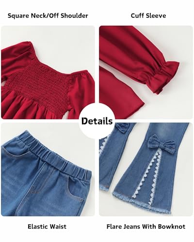 Image of XUANHAO Toddler Girls Clothes Puff Sleeve Smocked Shirt Flare Jeans Pant Outfits for Girl Bell Bottom Kids Girls Clothing Set