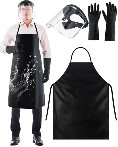 ElectricWise 3 Pack Safety Face Mask Shield with 42.5 Waterproof Rubber Apron Gloves for Men Chemical Grinding Cleaning Industrial (Black)