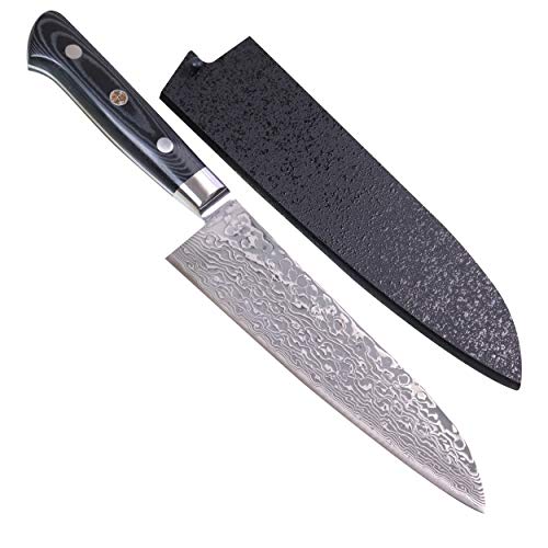 JCK Original Kagayaki Japanese Chef’s Knife, KGR-2 Professional Santoku Knife, Traditional Hammer Forged R-2 Damascus Steel with Ergonomic Linen Micarta Handle, 6.8 inch