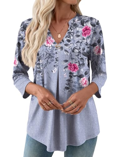 LOMON 3/4 Length Sleeve Womens Tops V-Neck Blouses Dressy Casual Flowy Shirts Business Tunic to Wear with Leggings S-3XL2