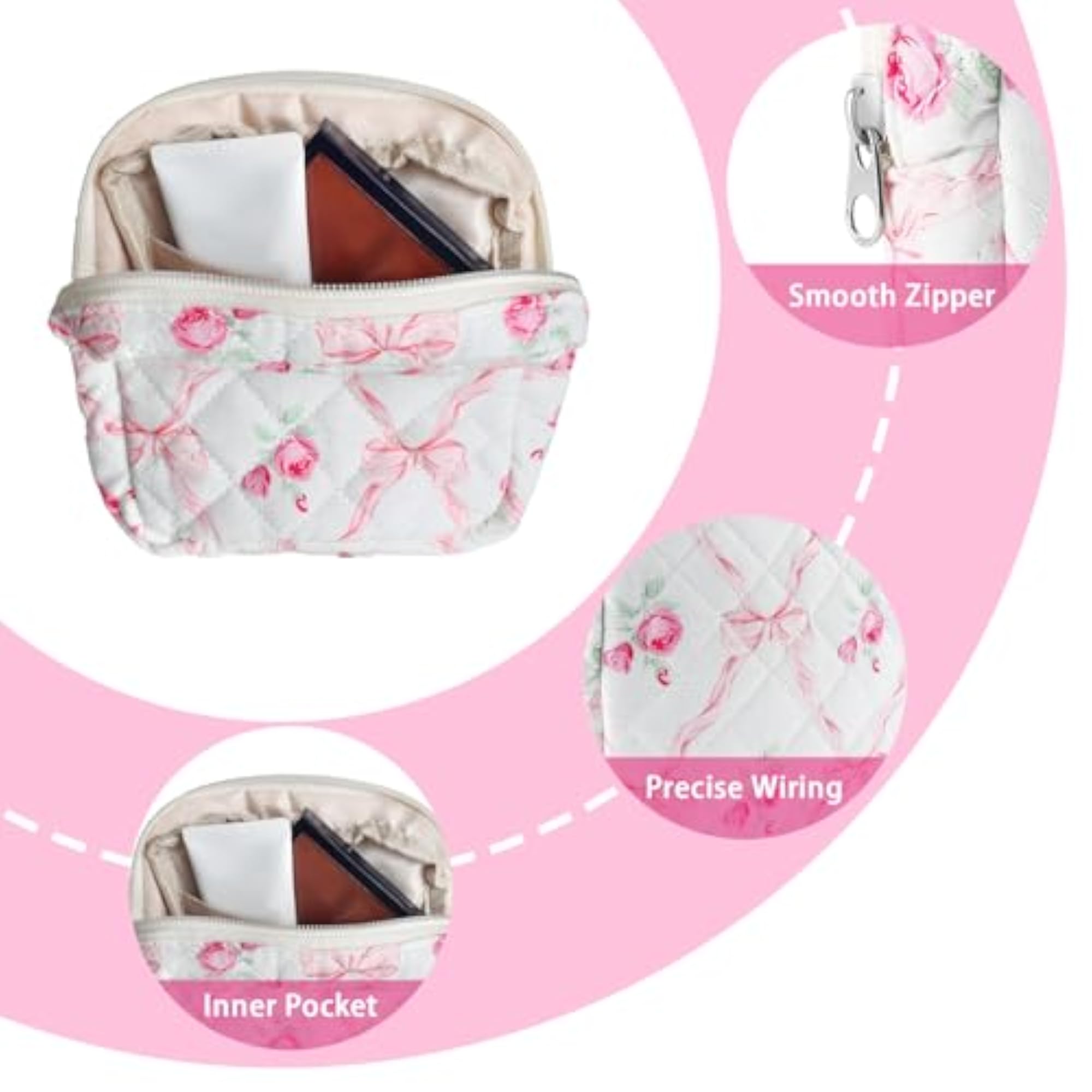 Small Makeup Bag for Purse, Mini Cotton Quilted Pouch, Pink Bow