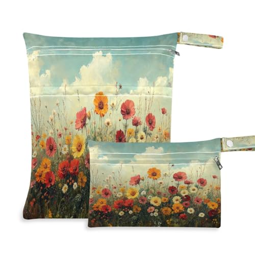 ATTX Wild Flowers Oil Painting Wet Dry Bags 2-Pack - Reusable Cloth Diaper Storage for Travel, Beach & Gym | Multi-Use Waterproof Bags for Swimsuits, Baby Clothes, Sports Gear#279