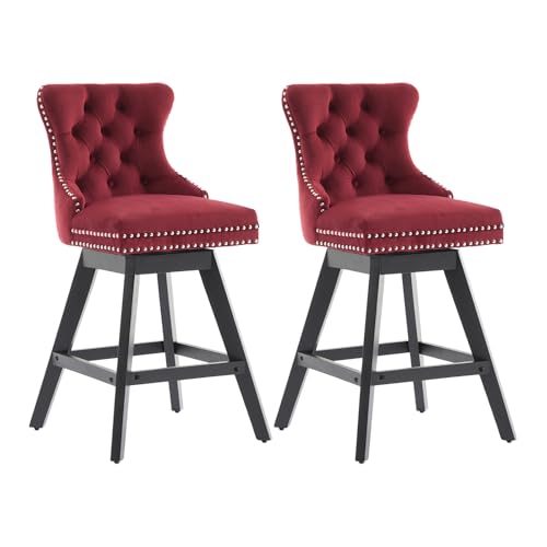 Butacos de terciopelo burdeos, giratorios, para isla de cocina | Altura del asiento: 26 pulgadas; respaldo acolchado; patas de madera maciza; remate con clavos decorativos; butacos modernos tapizados; fácil ensamblaje; juego de 2