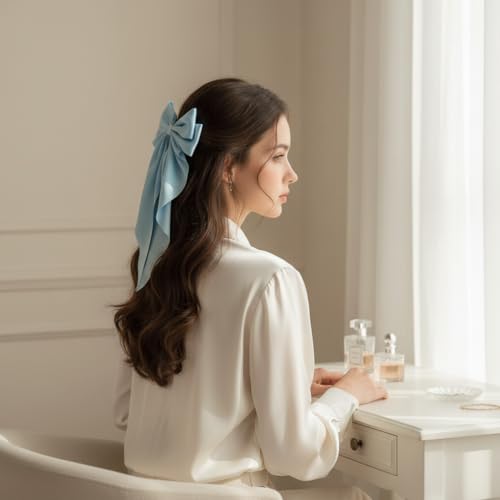Pinza para cabello con lazo de satén azul claro grande miniatura 6