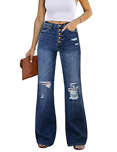 Utyful High Waisted Bell Bottom Jeans for Women Ripped Distressed Stretchy Denim Pants Dark Blue Large
