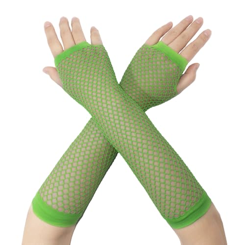 Fepdiu Women 80s Long Fishnet Fingerless Gloves Mesh Arm Sleeves One Size Fish Net Arm Sleeves EMO Gloves for Women in Theme Party Scene Accessories (grass green)
