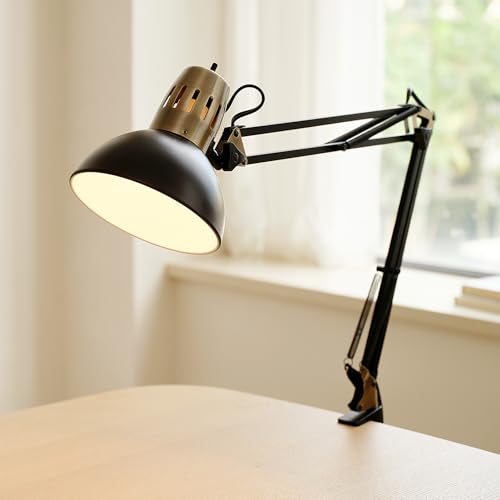 Image of Globe Electric 62000009 32 inch Multi-Joint Desk Lamp with Metal Clamp, Matte Black, Antique Brass Accents, On /Off Rotary Switch on Shade, Partially Adjustable Swing Arm, Home Decor, Office Accessory