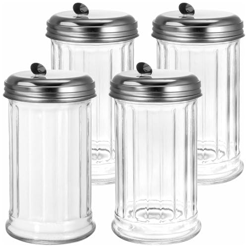 4-Pack Sealed Sugar Shaker, 300ml Vintage Style Thick Glass Jar, Sugar Jar Dispenser with Stainless Steel Flip Lid, Suitable for Coffee Bar, Can Add Creamer, Salt, Pepper and Other Spices