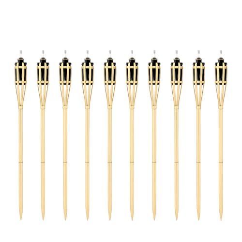Acomoda Textil – Set de 10 Antorchas Decorativas de Bambú con Mecha y Depósito Recargable. Ideal para Jardín, Playa o Terraza. Iluminación Natural para Fiestas o Eventos al Aire Libre. (60 cm)