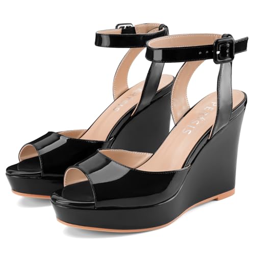 Image of Women's Platform Wedge Sandals Round Peep Open Toe Ankle Strap Buckle Slingback High Heel Dress Shoes Patent Leather Heels
