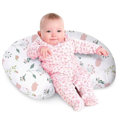 Image of Little Grape Land Muslin Nursing Pillow, Soft 100% Cotton Breastfeeding Pillow with Breathable Cotton Removable Cover, Pink Bunny Breast Feeding Pillows for Babies 0-12 Months with Protective Zipper