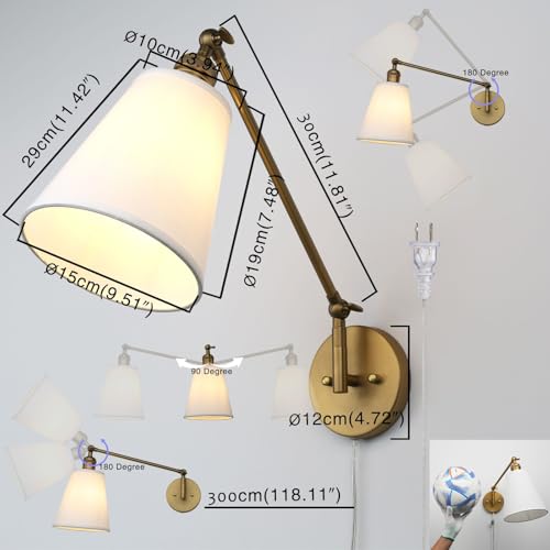 Image of PERMO Retro Swing Arm Wall Sconce Plug in Wall Lamp Single Sconce Light Fixture with White Fabric Shade for Bedroom Living Room Home Office