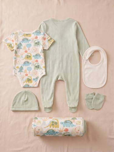 Image of 6 Pcs Clothing Gift Set with Box, 100% Cotton Soft & Breathable 6-Piece Layette Set with Bodysuit, Romper, Bib, Cap, Mittens & Swaddle, 0-12 Months, All-Season Wear