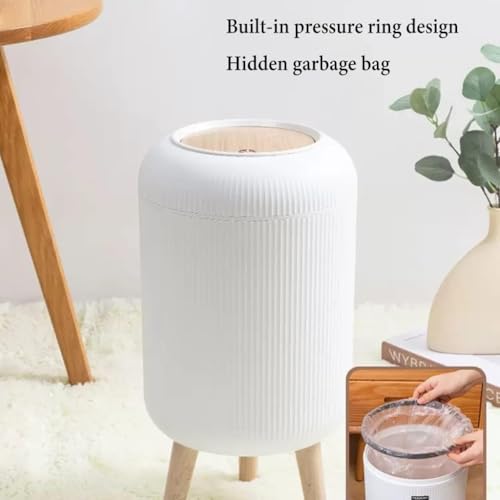 Image of House of Quirk Trash Can With Lid For Bathroom, 10 Liter Kitchen Dustbin Modern Office Trash Can With Legs, Slim Plastic Basket Open-Top For Bathroom, Bedroom Round (White)