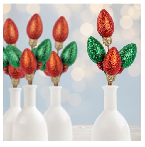 Factory Direct Craft Glittered Christmas Bulb Picks Red and Green Set of 4 for Christmas Tree Decorating and Holiday Displays - 10 Inches High
