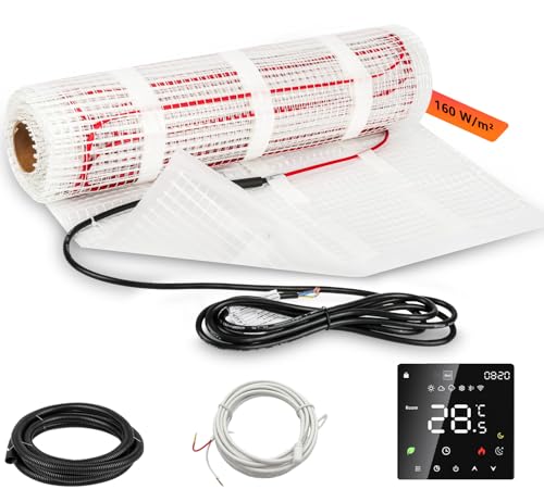 Chauffage au sol électrique 160 W/m², 2 m x 0,5 m (1,0 m²), pour carrelage, stratifié, vinyle et pierre naturelle, kit complet avec thermostat, conducteur chauffant en aluminium et câble de 2,5 m