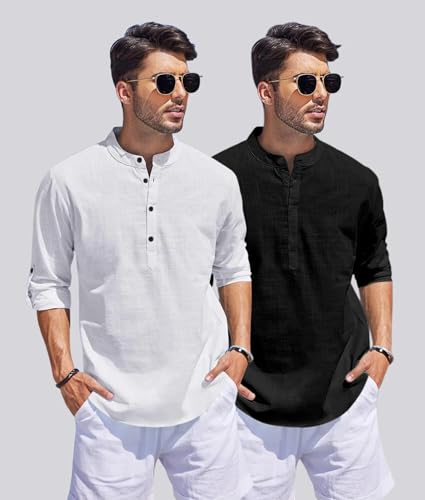 Image of Men's Cotton Blend Straight Kurta Shirt Combo with Mandarin Collar - Slim Fit Casual Short Kurti Set Featuring Textured Slub Fabric and Roll-Up Full Sleeves