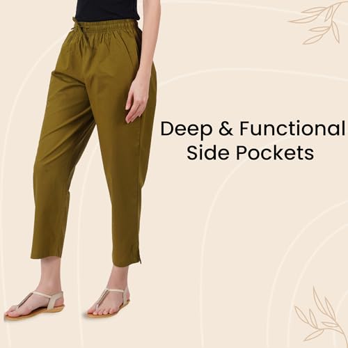 Image of Happy Bunny Parallel Pants for Women 100% Cotton Ankle Length Trousers Regular Fit with Elastic Drawstring Stylish & Pockets Casual Formal Wear for Office & Home