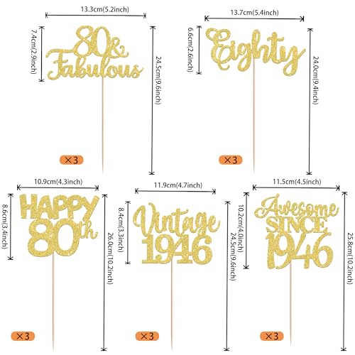 Image of 15 PCS 80th Birthday Centerpiece Sticks Double Sided Eighty Happy 80th Vintage 1946 Table Flower Centerpieces Sticks Cheers to 80 Fabulous Floral Decorations for 80th Birthday Party Supplies Gold