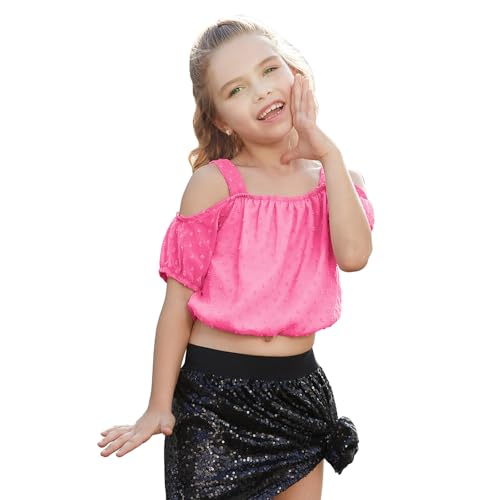 Image of Perfashion Girls Puff Short Sleeve Corp Tops Cold Shoulder Shirts swiss dot chiffon blouse for 4-13 Years
