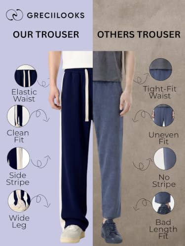 Image of GRECIILOOKS Trouser for Men | Man Relaxed Fit Trousers Twill Track Style | Straight Fit Wide Leg Trousers for Mens with Drawstring Waist | Korean Casual Travel Streetwear Pants