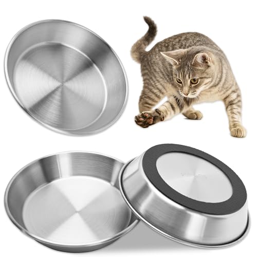 Cuenco de acero inoxidable para gatos, paquete de 3 cuencos de metal antideslizantes para agua y comida, bigotes de alimentación de mascotas, platos poco profundos con base de goma para gatitos y