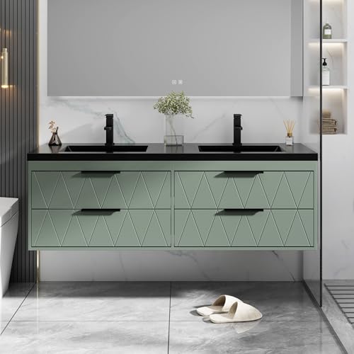 eclife 60" Floating Bathroom Vanity with Sink Combo, Modern Wall-Mounted Vanities Cabinet W/Decor Lines, Soft-Closing Drawers, Double Black Sink, Faucet & Drain, Sage Green