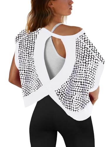 Image of SENSERISE Womens Open Back Workout Tops Backless Short Sleeve Athletic Shirt Running Crop Top Gym Yoga Tee
