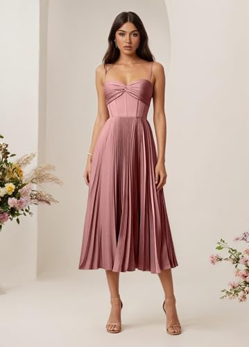 Tea Length Pleated Bridesmaid Dresses for Women Satin A Line Midi Sleeveless Formal Party Gowns2