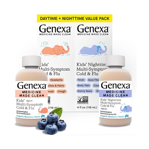 Image of Genexa Kids' Clean Cold & Flu Relief Day/Night Multi-Symptom, Dye Free, 0% Artificial Additives, Children's Liquid Pain, Fever & Cough Medicine, Ages 4-11, Organic Blueberry Flavor, 8 fl oz (2 Pack)