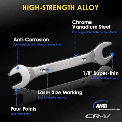 Image of YIYEIE Super-Thin Open End Wrench Set, 9-Piece SAE, 1 /4 inch to 1-1 /16 inch, Chrome Vanadium Steel With Mirror Polish, Ultra-Slim Wrench Set with Rolling Pouch