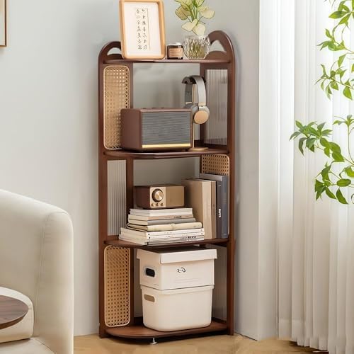 4-Tier Freestanding Corner Display Rack with Handle - Slim Wooden Frame Storage Shelf, Rattan & Acrylic Panels Bookshelf for Living Room, Durable Solid Construction (Brown)