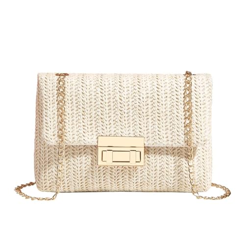 TOFBS Sac a Main Femme de Plage d'Embrayage Bandoulière Soirée Tissés en Paille Tissée Bohème Pochette avec Chaîne pour Ceremonie Mariage Parti Prom (Beige)
