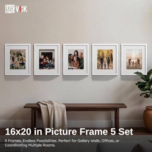 Image of VCK 16x20 Picture Frames 5 Pack, White Wood, 11x14 Mat, Glass, for Poster