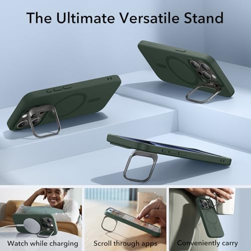 Image of ESR for iPhone 15 Pro Max Case, MagSafe Silicone Case with Stand, Military-Grade Protection, Built-in Camera Stash Stand, Magnetic Phone Case for iPhone 15 Pro max, Cloud Series,Green