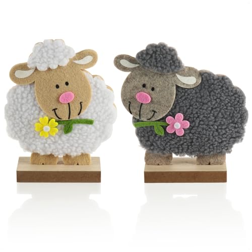 com-four® 2X Deko Aufsteller für Ostern - Sehr niedliche Schafe - Osterdeko zum Hinstellen - Osterdekoration aus Holz, Filz und Wolle (2 Stück - Lamm - schwarz + weiß)