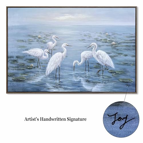 Eonzeun 30×45 Inch Hand Painted Egret Oil Painting on Canvas, Large Framed Wall Art, Modern Neutral Nature Artwork for Living Room Bedroom - Image 3