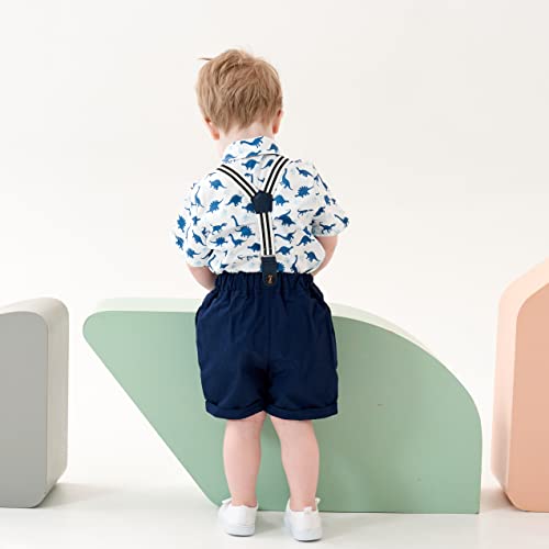 Volunboy Baby Boy Short Suspenders Outfit Toddler Summer Formal Set Kid Gentleman Dinosaur Printed Short Sleeve Bowtie Suits 6-9Months