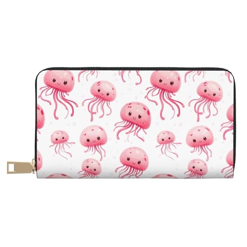 Leather Thin Slim Wallets for Women Men - Fashion Cute Pink Jellyfish Print Card Wallet Holder with Zipper