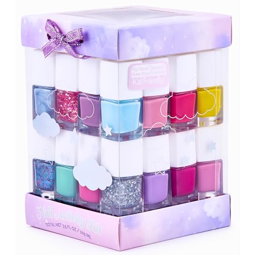 SIMPLE PLEASURES 17-Piece Unicorn Kids Nail Polish Set for Girls Includes Non-toxic Nail Polish For kids with Gems Stickers & Nail File - Gift Set for Girls Ages 7-12