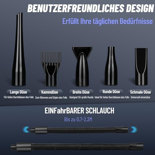 Utoimain Hundefön 4,3PS/3200W mit 3 Temperaturstufen, stufenlos regelbarem Luftstrom und 5 Aufsätzen – Professioneller Hundetrockner für Haustierpflege